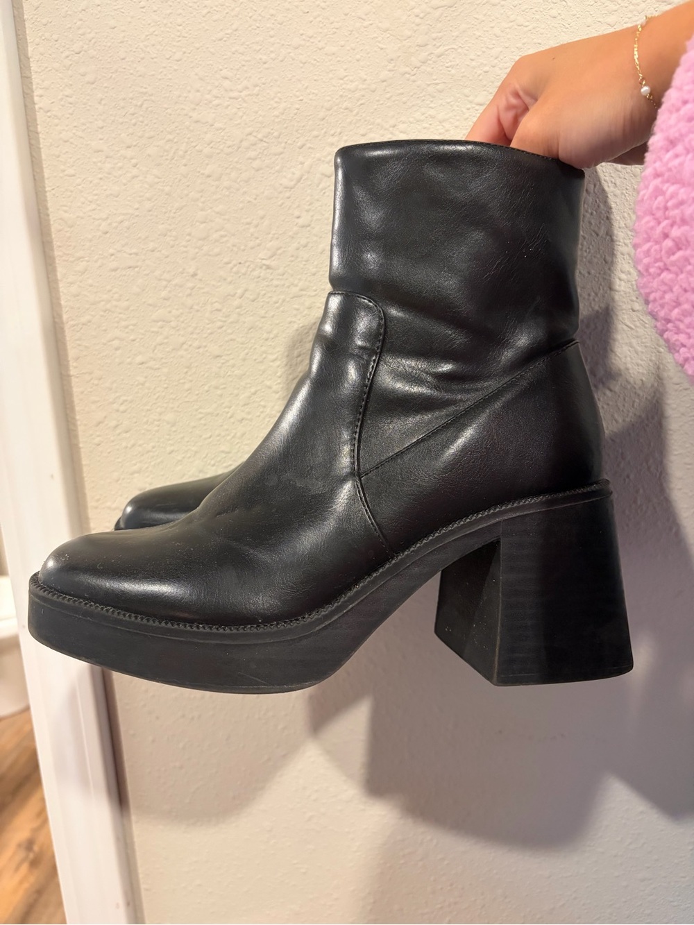 Princess Polly Black Leather Platform Block Heel Ankle Boots